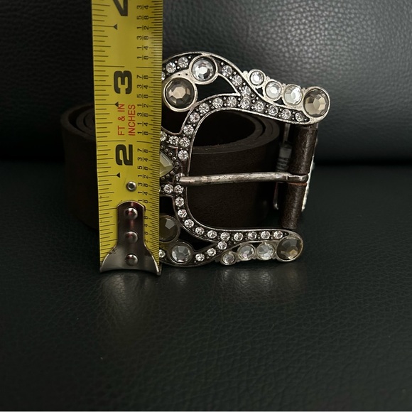 NWOT Genuine Leather Brown Belt Large Rhinestone Buckle Made in Italy Size 36 - Picture 5 of 5